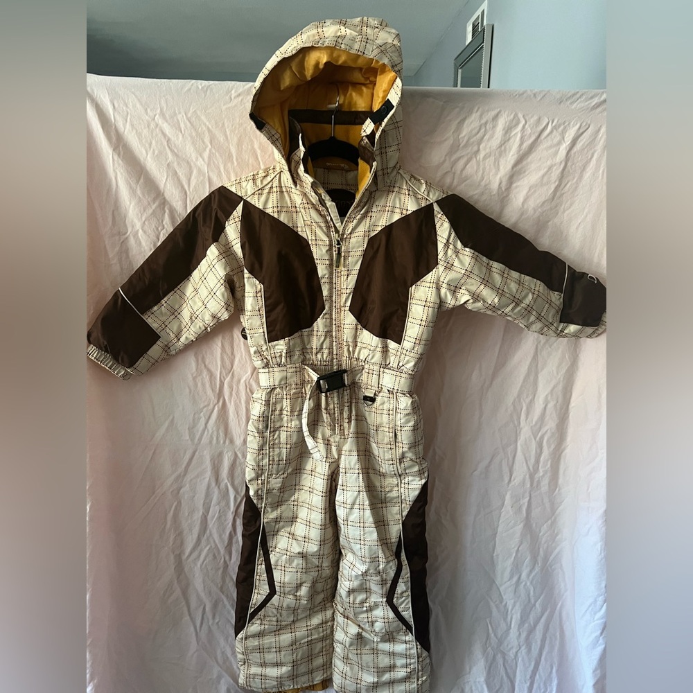 Plaid Hooded Puffer one piece Snowsuit Kids size M/5 elastic waist pockets